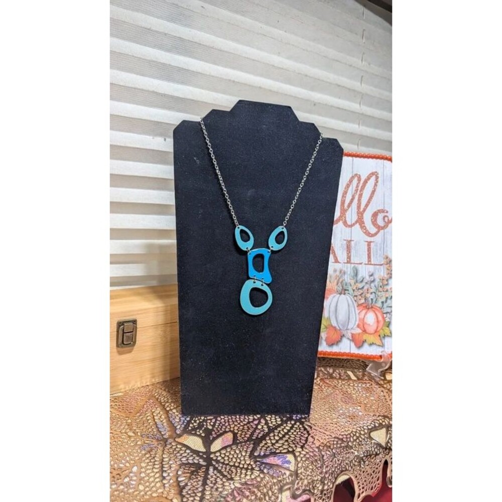Y2K Funky Mod Geometric Blue Cutout Pendant Necklace Color Block